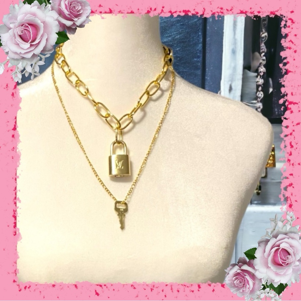 EUC Authentic Louis Vuitton Brass Padlock and Key (#301) on set of Gold Chains